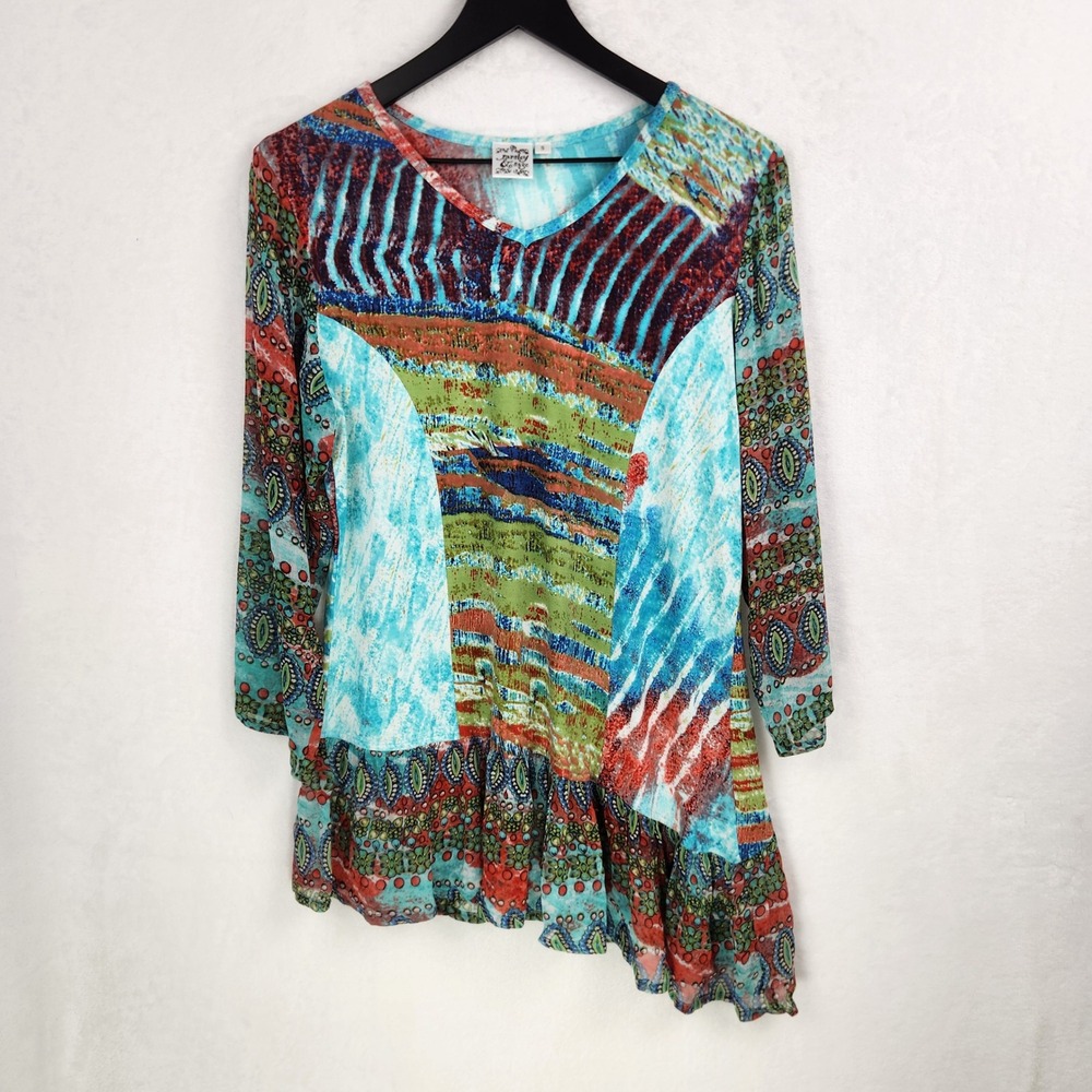 Parsley & Sage Asymmetrical Tunic Top Small Abstract Artsty Ruffle Hem Bold